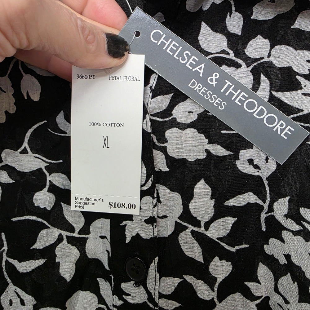 Chelsea & Theodore XL Black White Floral Cotton Smocked Midi Dress Sleeveless - Picture 9 of 13